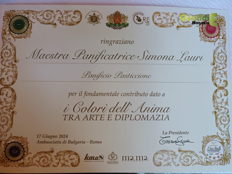 Attestato conferito a Simona Lauri e il Panificio il Pasticcione